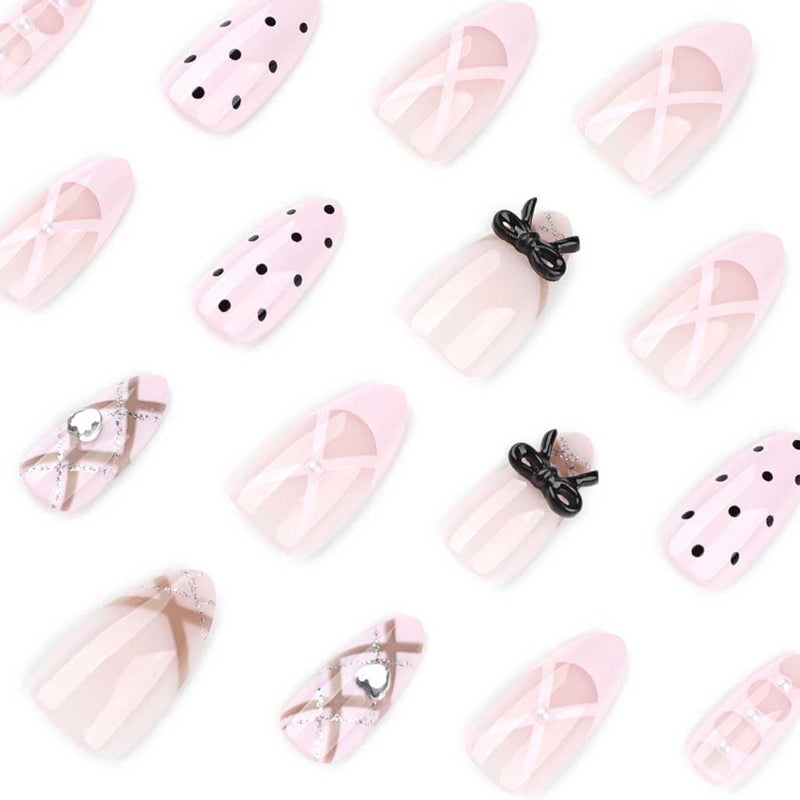 Foccna Press On Nails Almond -French Tip Fake Nails Polka Dots Glossy Goth Short Round Nails, Salon Quality Artificial Nails Finger Manicure for Women 24pcs - Image 3